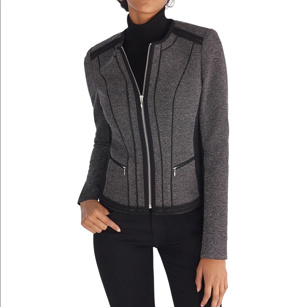 White House Black Market Black and Gray Zip-Front Structured Jacket